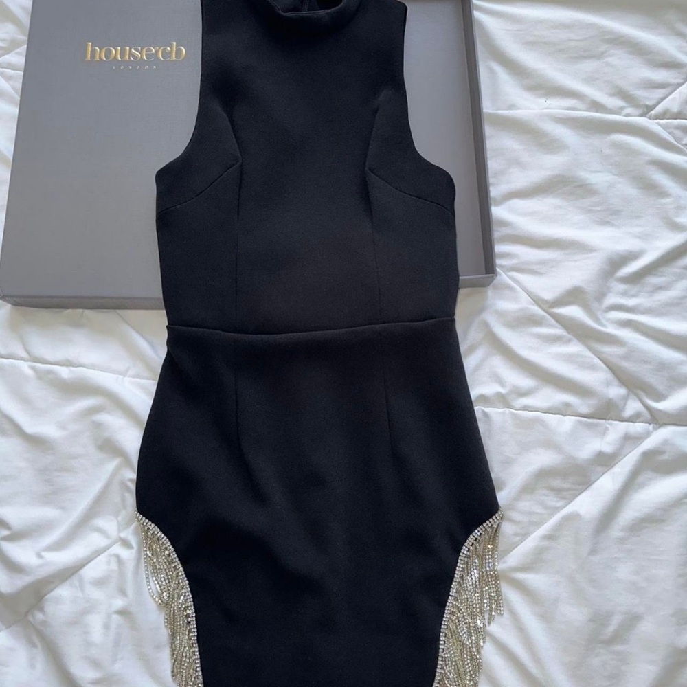 House of CB Charlize black dress w/silver accents. Size XS.